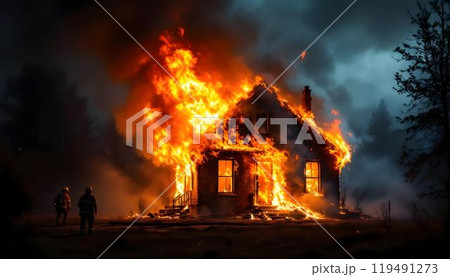 火事　家　イメージ　火災　事故 119491273