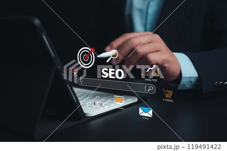 SEO, Marketing planning, Businessman use search engine to searching for information, Businessman search on virtual screen data search technology search engine optimization, Using web console for data. SEO, Marketing planning, Businessman use search engine to searching for information, Businessman search on virtual screen data search technology search engine optimization, Using web console for data. 119491422