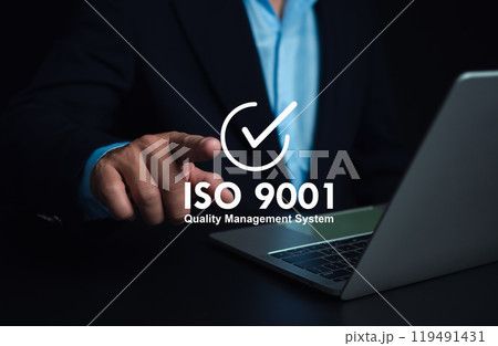 ISO 9001 Standard certification standardisation quality control concept. Businessman point your finger at text ISO 9001 for quality management of organizations, Certified and quality. ISO 9001 Standard certification standardisation quality control concept. Businessman point your finger at text ISO 9001 for quality management of organizations, Certified and quality. 119491431