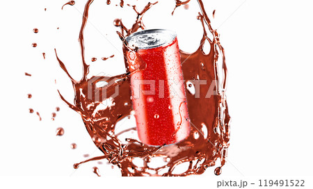 Red 280ml soda can water splash mockup, depth of field Red 280ml soda can water splash mockup, depth of field 119491522