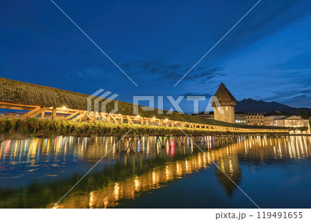 Lucerne (Luzern) Switzerland night city skyline at Chapel Bridge Lucerne (Luzern) Switzerland night city skyline at Chapel Bridge 119491655