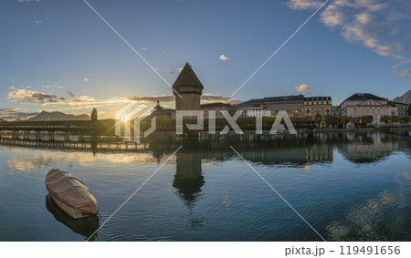 Lucerne (Luzern) Switzerland sunrise panorama city skyline at Chapel Bridge Lucerne (Luzern) Switzerland sunrise panorama city skyline at Chapel Bridge 119491656