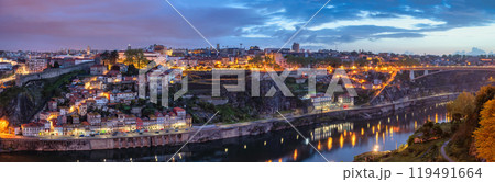 Porto Portugal, night panorama city skyline at Porto Ribeira and Douro River Porto Portugal, night panorama city skyline at Porto Ribeira and Douro River 119491664