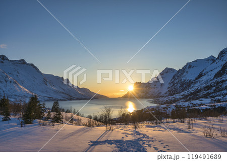 Tromso Norway sunset winter nature landscape at Ersfjord Tromso Norway sunset winter nature landscape at Ersfjord 119491689