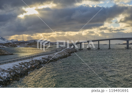 Tromso Norway sunset winter nature landscape at Sommaroy bridge Tromso Norway sunset winter nature landscape at Sommaroy bridge 119491691