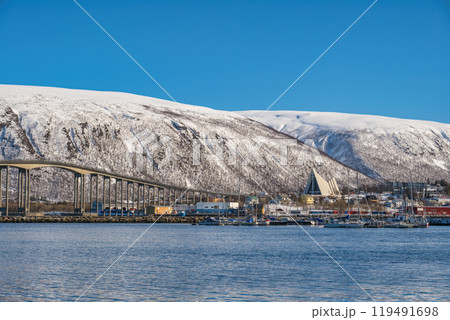 Tromso Norway city skyline at harbor with Arctic Cathedral 119491698