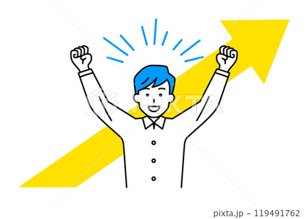上昇する矢印とバンザイで喜ぶカジュアルな男性 119491762