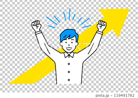 上昇する矢印とバンザイで喜ぶカジュアルな男性 119491762
