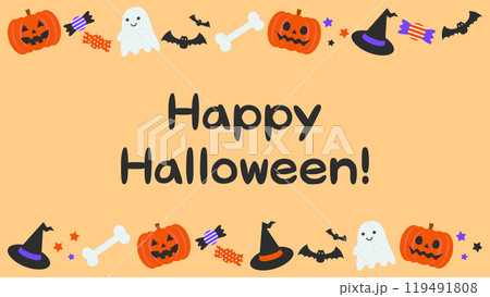 かわいいハロウィンのオレンジフレーム背景ベクターイラスト素材【文字あり】【横長】 かわいいハロウィンのオレンジフレーム背景ベクターイラスト素材【文字あり】【横長】 119491808