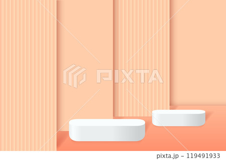 Abstract 3D orange podium background. Modern minimalist mockup for product display presentation. Realistic orange cylinder pedestal podium. Abstract 3D orange podium background. Modern minimalist mockup for product display presentation. Realistic orange cylinder pedestal podium. 119491933