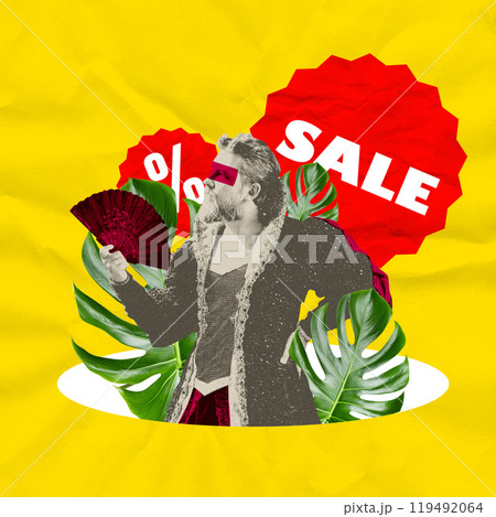 Vintage-style man with fan standing against bright yellow backdrop with red sale signs. Contemporary art collage. Black Friday promo 119492064