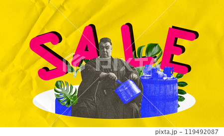 Vintage monk holding pot against bright yellow background with giant word sale in pink. Contemporary art collage. Vintage monk holding pot against bright yellow background with giant word sale in pink. Contemporary art collage. 119492087
