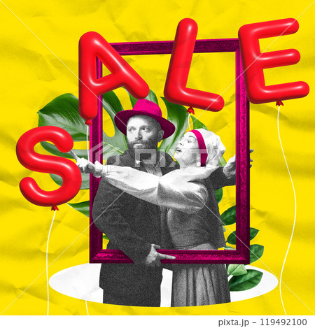 Retro couple standing inside picture frame gesturing towards sale information. Contemporary art collage. Retro couple standing inside picture frame gesturing towards sale information. Contemporary art collage. 119492100