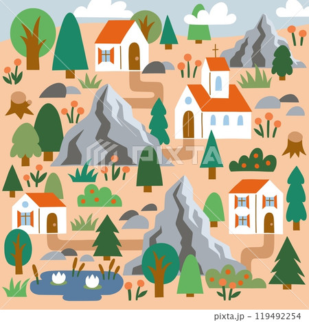 Mountain village. Minimal city landscape. Town architecture. Farm houses. Rocks and trees. Street buildings pattern. Neighborhood scenery. Green field and cloud. Vector suburb background Mountain village. Minimal city landscape. Town architecture. Farm houses. Rocks and trees. Street buildings pattern. Neighborhood scenery. Green field and cloud. Vector suburb background 119492254