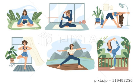 Home yoga. Woman doing fitness exercises. Girl meditating in park. Morning workout pose for wellness and calm. Relax meditation in room. Female physical activity. Vector yogi scenes set Home yoga. Woman doing fitness exercises. Girl meditating in park. Morning workout pose for wellness and calm. Relax meditation in room. Female physical activity. Vector yogi scenes set 119492256