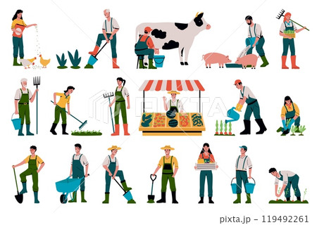 Agriculture worker. Farm animal. Garden harvest. Farmers care of livestock. Milking cow. Feeding pigs. Gardening tools. Man planting seedlings. Woman digging soil. Vector farming set 119492261