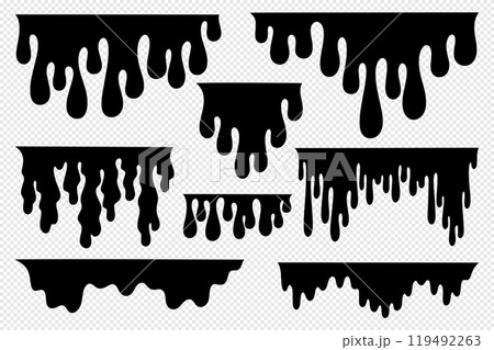 Paint drip. Melting droplets. Liquid flow. Dripping drop. Oil or blood splash. Honey sauce. Syrup or ink fluid texture. Black silhouette shapes. Splatter streams. Vector elements set 119492263