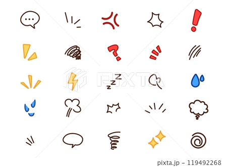 Cartoon icons. Cute line elements for sticker effect. Hand drawn emoji. Emoticon decoration. Thinking or speech bubbles. Shock brush sign. Vector design comic expression symbols set 119492268