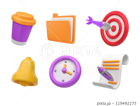 3D school icons. Education tools. Document signature. Pencil and pen. Studying notebook. Office folder. Render book. Time watch. Coffee cup. Plastic bell. Vector stationery elements set 3D school icons. Education tools. Document signature. Pencil and pen. Studying notebook. Office folder. Render book. Time watch. Coffee cup. Plastic bell. Vector stationery elements set 119492275