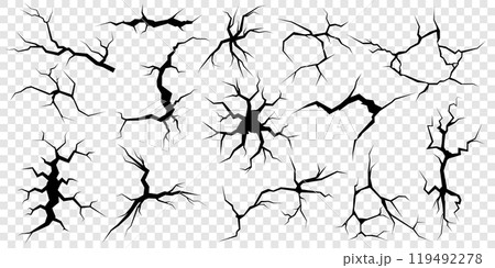 Crack texture. 3d ground, earthquake split or damage fissure, dry earth effect. Smash concrete land hole. Damaged in road. Black elements isolated on transparent background. Vector background Crack texture. 3d ground, earthquake split or damage fissure, dry earth effect. Smash concrete land hole. Damaged in road. Black elements isolated on transparent background. Vector background 119492278
