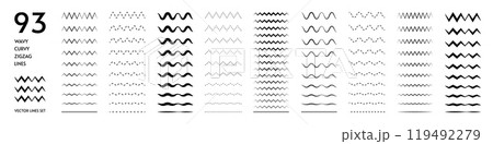 Wavy lines. Zigzag squiggly waves. Curvy wiggle or ripple graphic. Undulate wiggly sine. Jagged parallel. Angular amplitude. Straight underline. Horizontal waveform elements vector set 119492279