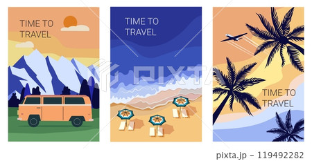 Travel poster. Retro plane, vintage girl in summer time, airline trip sticker with holiday portrait in air. Adventure on van. Tropical resort, sandy beach, palm trees. Vector abstract art Travel poster. Retro plane, vintage girl in summer time, airline trip sticker with holiday portrait in air. Adventure on van. Tropical resort, sandy beach, palm trees. Vector abstract art 119492282