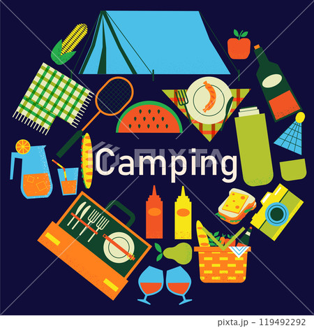 Camping frame. Different elements in circle form. Hiking tent, campfire and backpack. Adventure in forest or on lake. Picnic and recreation icon. Vector cartoon flat isolated illustration Camping frame. Different elements in circle form. Hiking tent, campfire and backpack. Adventure in forest or on lake. Picnic and recreation icon. Vector cartoon flat isolated illustration 119492292