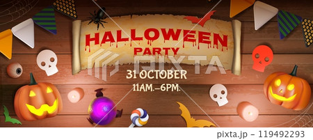 Halloween banner. Happy pumpkin background, trick or treat. Cute candy, spooky bat for autumn festive party. 3d pumpkin, creepy spider, holiday invitation horizontal poster. Vector flyer design Halloween banner. Happy pumpkin background, trick or treat. Cute candy, spooky bat for autumn festive party. 3d pumpkin, creepy spider, holiday invitation horizontal poster. Vector flyer design 119492293