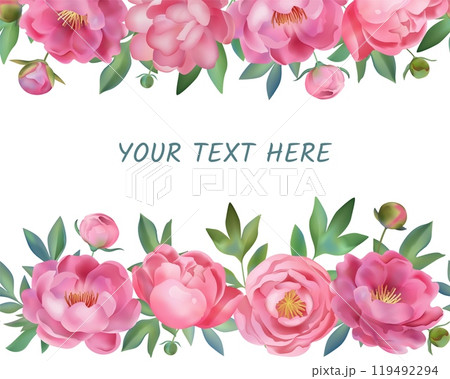 Watercolor flower background. Floral border frame, spring painted watercolour leaf and branch. Pink blossom with green leaves. Poster template. Wedding invitation. Vector botanical design 119492294