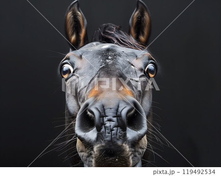 Funny closeup potrtait of a horse with crazy eyes and angry, excited, shocked or surprised expression, black horse on a black backdrop 119492534