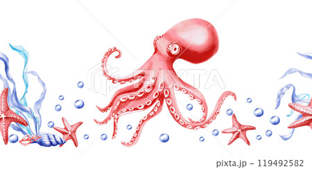 Seamless border with octopus, starfish and seaweed and bubbles. Isolated illustration on the theme of the underwater world for textile design, holidays with a marine theme, printing, restaurants Seamless border with octopus, starfish and seaweed and bubbles. Isolated illustration on the theme of the underwater world for textile design, holidays with a marine theme, printing, restaurants 119492582
