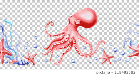 Seamless border with octopus, starfish and seaweed and bubbles. Isolated illustration on the theme of the underwater world for textile design, holidays with a marine theme, printing, restaurants Seamless border with octopus, starfish and seaweed and bubbles. Isolated illustration on the theme of the underwater world for textile design, holidays with a marine theme, printing, restaurants 119492582