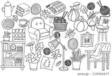 Vector drawing, set of cozy home elements. autumn interior, cute illustrations. Coloring book Vector drawing, set of cozy home elements. autumn interior, cute illustrations. Coloring book 119492677