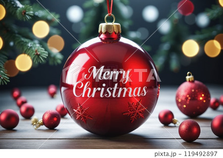 'Merry Christmas' in white on red Christmas ball, surrounded by glowing festive lights. A warm and celebratory holiday card design for the season 119492897