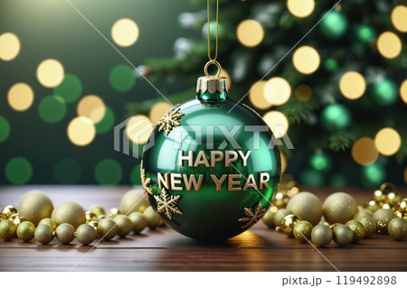 Happy New Year ' in gold on a green Christmas ball, with festive lights glowing softly in the backdrop. Perfect Christmas card for a celebratory mood. 119492898