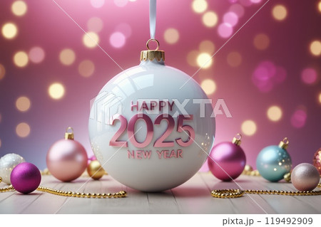 Elegant Christmas card showing 'Happy New Year 2025' in pink on a white ornament with glowing holiday lights, perfect for creating a festive atmosphere. 119492909