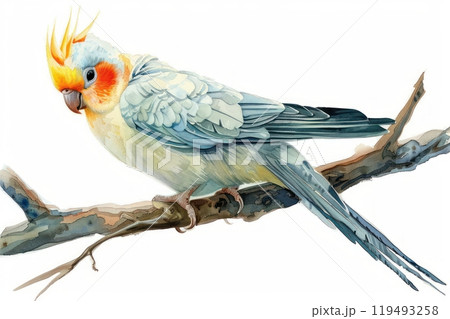 Cockatiel, bird, Pastel-colored, in hand-drawn style, watercolor, isolated on white background 119493258
