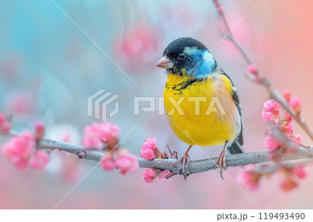 Lesser Goldfinch, isolated on pastel background, stock photographic style 119493490