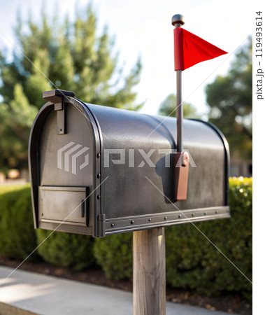 Residential Metal Mailbox with Raised Red Flag Outdoors 119493614
