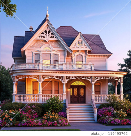 Victorian house with a colorful garden at sunset in a calm area 119493762