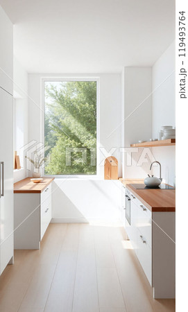 Bright and modern kitchen bathed in natural light with wooden accents 119493764