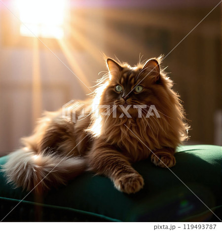 A majestic long-haired cat relaxing on a green cushion in warm sunlight 119493787