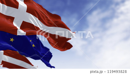 National flags of Denmark and of the European Union waving in the wind 119493828