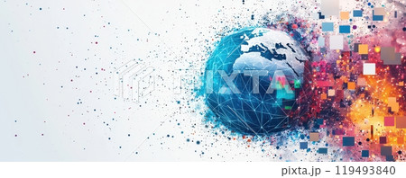Digital illustration of the Earth surrounded by colorful data points in a networked global concept 119493840