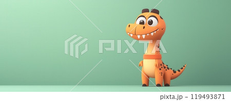 Cute cartoon dinosaur with big teeth and playful expression on a green background Cute cartoon dinosaur with big teeth and playful expression on a green background 119493871