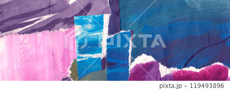 Blue pink purple abstract collage, torn paper pieces glued, horizontal banner background Blue pink purple abstract collage, torn paper pieces glued, horizontal banner background 119493896