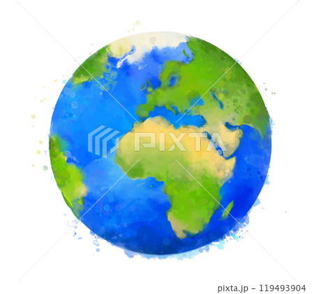 Watercolor Earth illustration, painted globe, Europa and Africa continents, oceans. Artistic picture of earth 119493904