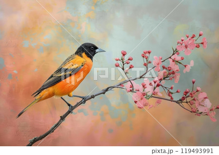 Oriole, isolated on pastel background, stock photographic style 119493991