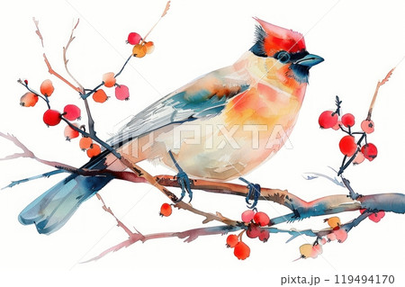Waxwing, bird, Pastel-colored, in hand-drawn style, watercolor, isolated on white background 119494170