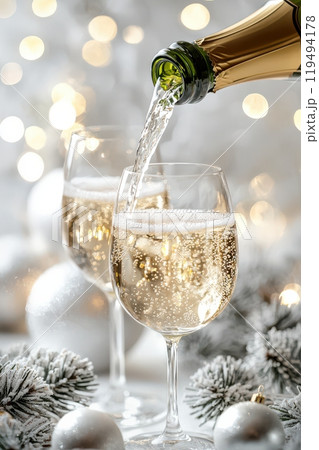 Elegant pouring of champagne into two crystal glasses surrounded by festive Christmas ornaments and twinkling fairy lights, creating a celebratory holiday atmosphere 119494178